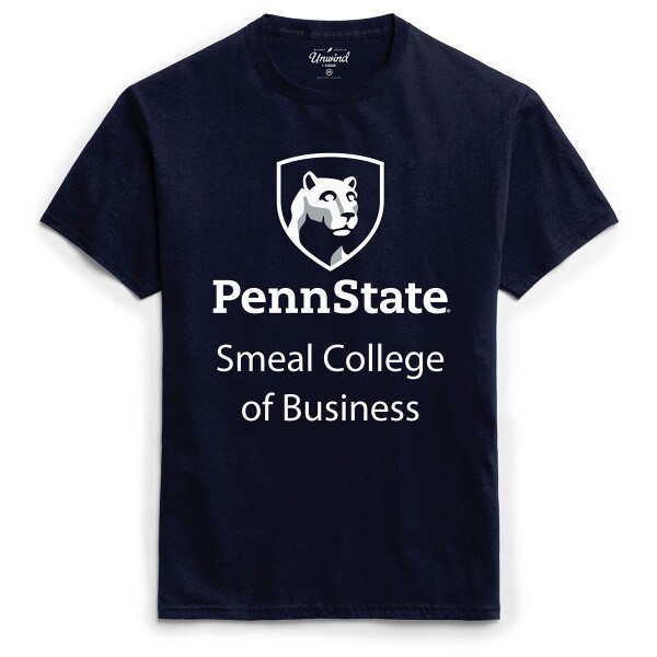 short sleeve navy t-shirt with Penn State Smeal College of Business below Lion Shield graphic